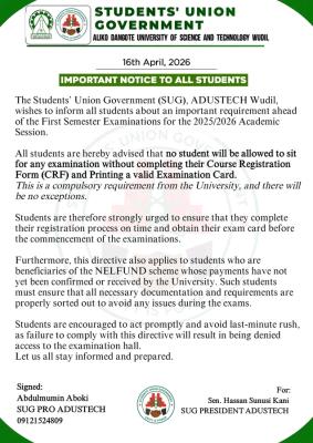 ADUSTECH SUG notice to students on first semester exams, 2025/2026