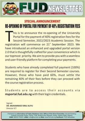 FUDutse notice on reopening of portal for payment of 40% registration fees