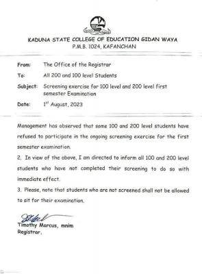 Kaduna COE Screening exercise for 100 level and 200 level first semester Examination
