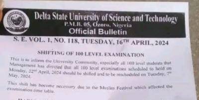 DSUST Ozoro notice on rescheduling of 100L examination