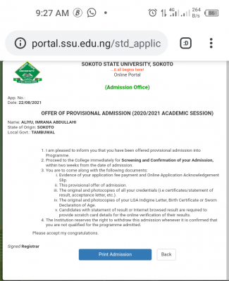 Sokoto State University admission list, 2020/2021 now out on school portal