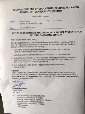 FCE (Tech) Akoka notice to NCE students with incomplete registration, 2021/2022