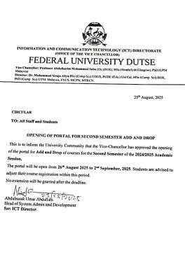 FUDUTSE opens second semester Add & Drop portal, 2024/2025