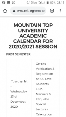 Mountain Top University academic calendar for 2020/2021 session