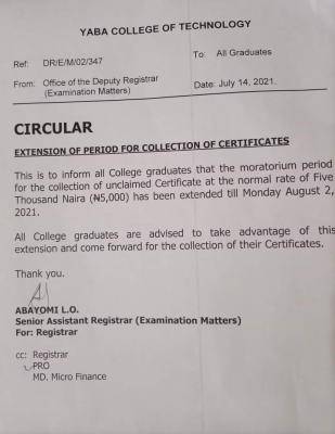 YABATECH extends deadline for collection of certificates