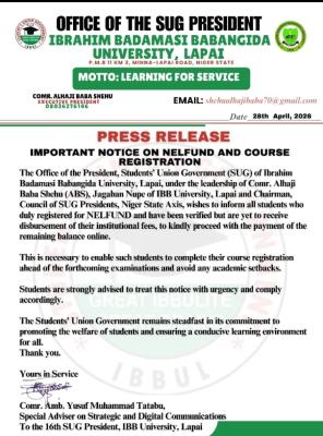 IBBUL SUG notice on NELFUND and Course Registration