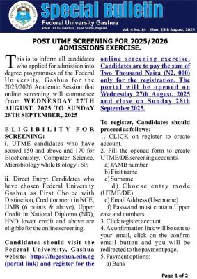 FUGASHUA Post-UTME/DE 2025: Cut-off mark, Eligibility and Registration Details