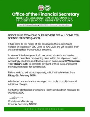 UNIUYO Faculty of Computing notice to students