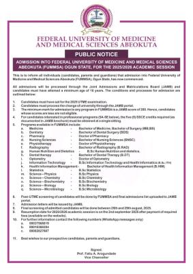 Federal University of Medicine and Medical Sciences Abeokuta Post UTME registration, 2025/2026