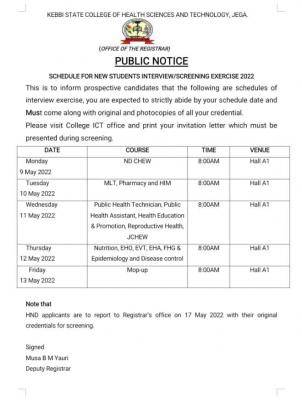 Kebbi State College of Health interview/screening schedule for  new students