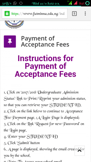 FUTMINNA Acceptance Fee Payment Procedure 2017/2018