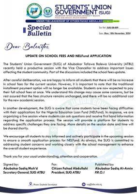 ATBU SUG important notice to students on school fees and NELFUND application