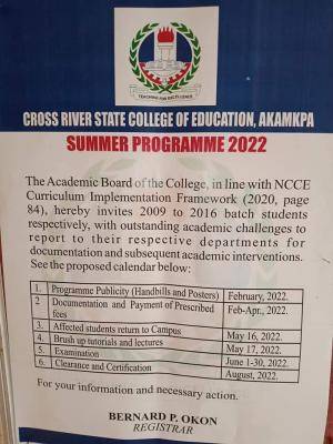College of Education, Akamkpa notice to students with outstanding academic challenges
