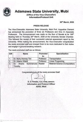 ADSU promotes 3 lecturers to professorial and reader ranks