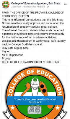 COE Igueben notice to students on resumption