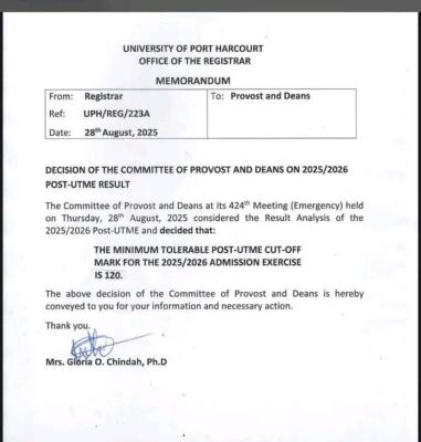 UNIPORT announces Post-UTME cut-off mark, 2025/2026