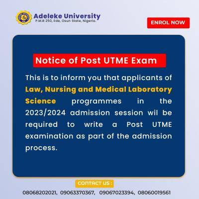 Adeleke University notice to Post-UTME applicants, 2023/2024