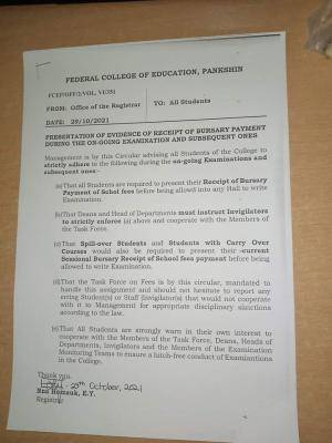 FCE Pankshin notice to students regarding on going exam and subsequent ones