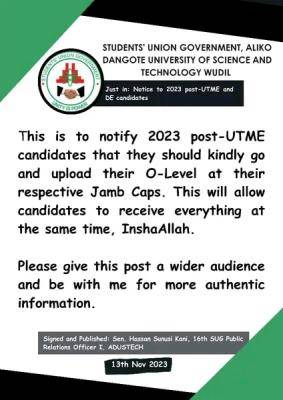 ADUSTECH SUG notice to prospective students on upload of O'Level results on JAMB CAPS
