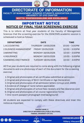 UNIUYO Faculty of Management Sciences Students Association (FAMSSA) final year screening