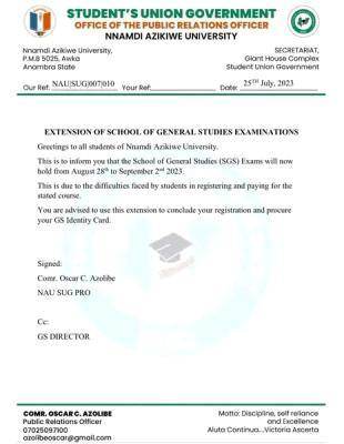 UNIZIK SUG notice on extension of SGS examination