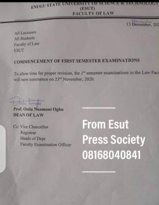 ESUT notice on postponement of 2019/2020 1st semester exams for Faculty of Law