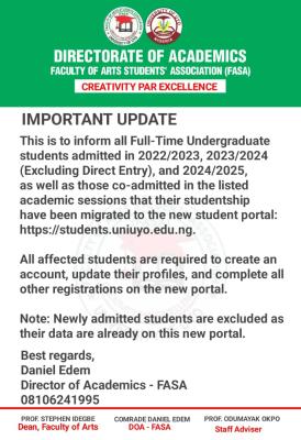 UNIUYO Faculty of Arts important update on new students' portal