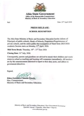 Abia State Ministry of Education announces Resumption Date for 3rd term 2025/2026 Session