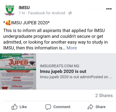 IMSU JUPEB admission form for 2020/2021 session