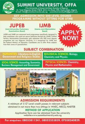 Summit University JUPEB and IJMB programme admissions, 2021/2022