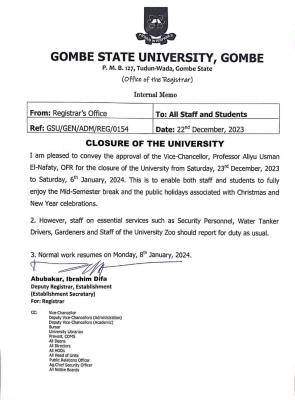 GOMSU announces closure of university due to public holidays