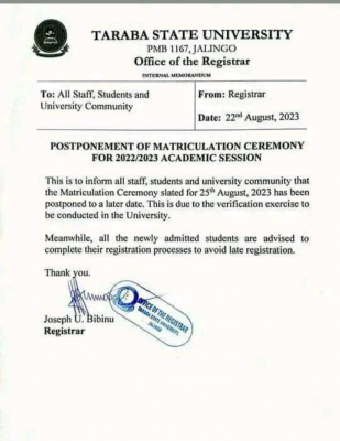 TSU postpones matriculation ceremony