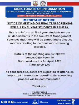 UNIUYO Faculty of Management Sciences Students Association notice to final years students