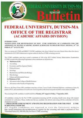 FUDutsin-ma Post UTME/DE 2023: Cut-off mark, Eligibility and Registration