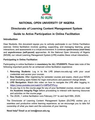 NOUN announces guidelines for 2026_1 online facilitation exercise