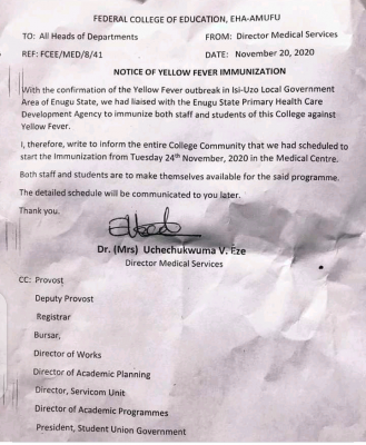 FCE Eha-amufu notice to staff and students on Yellow Fever immunization