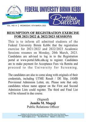 FUBK notice on resumption of registration exercise for 2021/2022 & 2022/2023