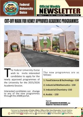 FUDutse JAMB cut off marks for newly approved academic programmes