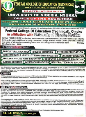 FCE Technical Omoku Post-UTME 2020: Cut-off mark, Eligibility and Registration Details