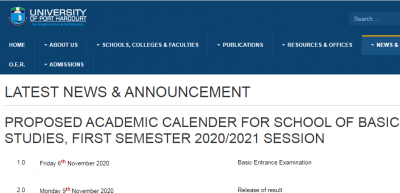 UNIPORT proposed 1st semester academic calendar for school of basic studies, 2020/2021