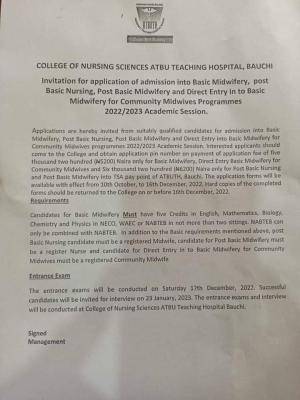 ATBU Releases 2022/2023 Nursing Admission Form