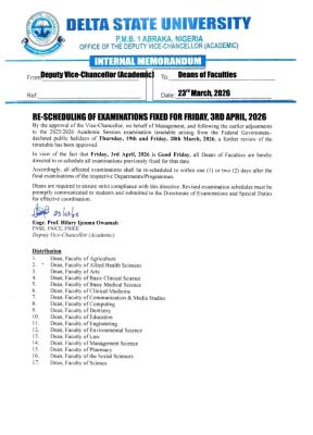 DELSU announces rescheduling of examinations for April 3, 2026