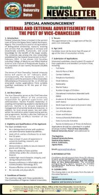 FUDUTSE announces vacancy for the post of the Vice Chancellor