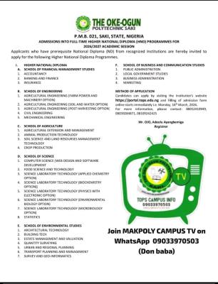 Oke-Ogun Poly HND Full time Application form, 2026/2027 academic session