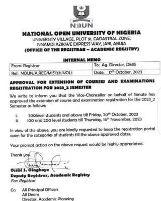 NOUN approves extension of courses & examinations registration for 2023_2 semester