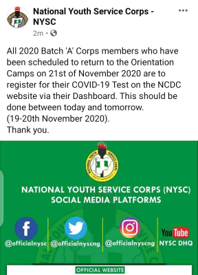 NYSC notice to 2020 Batch 'A' corps members on COVID-19 test registration