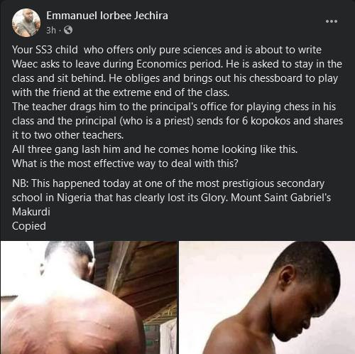 School principal and teachers accused of brutalizing an SS3 student for playing chess in class