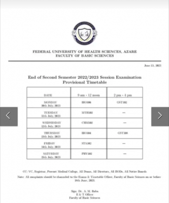 FUHSA 2nd Semester examination timetable, 2022/2023 session