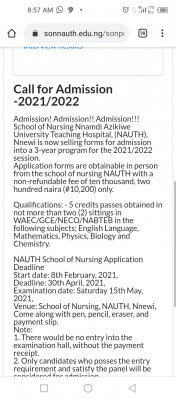 NAUTH School Of Nursing Nnewi admission form, 2021/2022