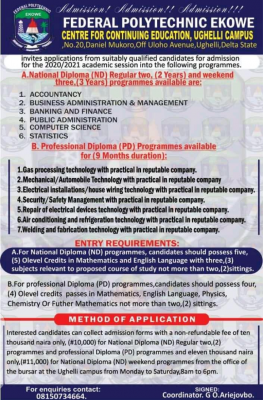 Federal Polytechnic Ekowe CCE admission form for 2020/2021 session